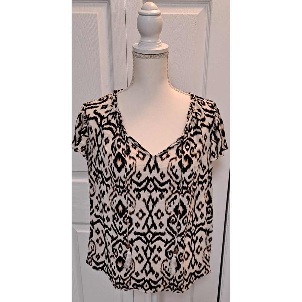 1XL Rose+Olive Brown‎ And White Short Sleeve Ikat Top